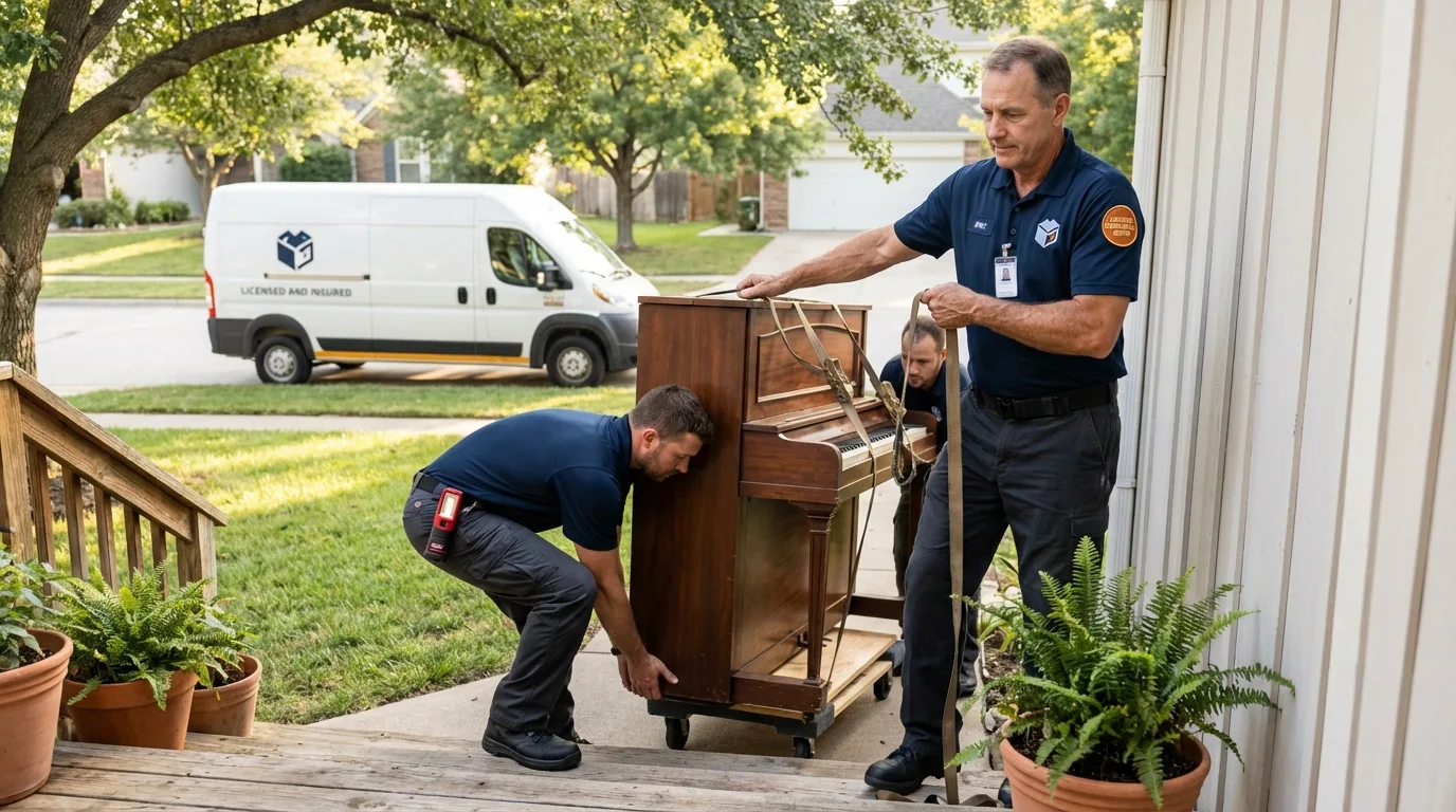 Licensed piano movers securing grand piano in Camden, TN