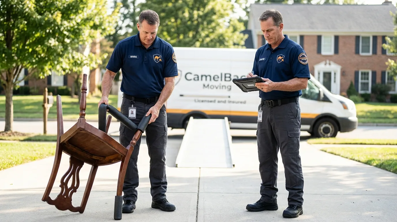 Movers inspecting furniture for damage prevention before loading in Camden, TN