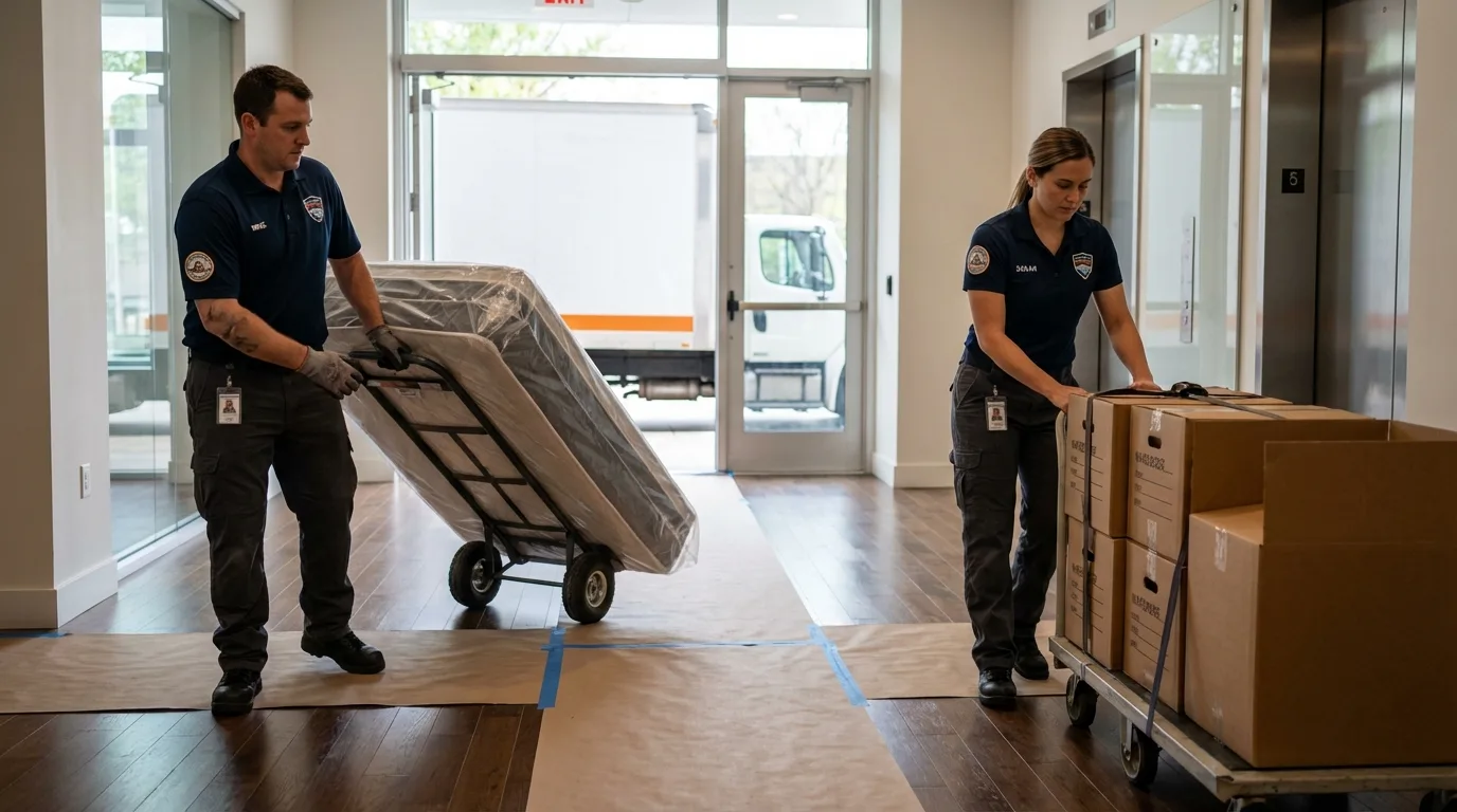 Professional apartment movers loading elevator in Camden, TN