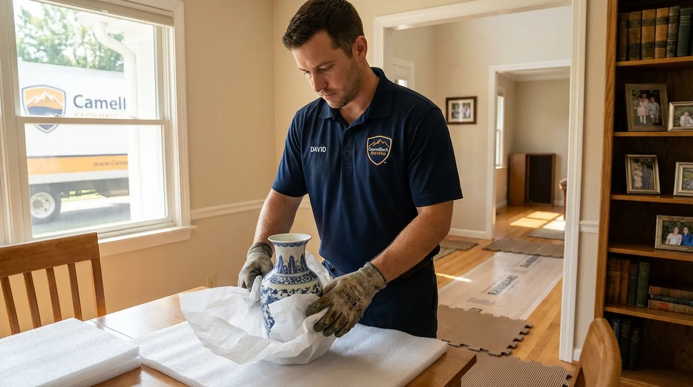 Professional crew carefully wrapping antique vase for senior downsizing move in Camden, TN